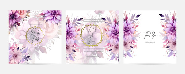 Romantic hand drawn floral wedding invitation card set. Beautiful purple peony invitation card template
