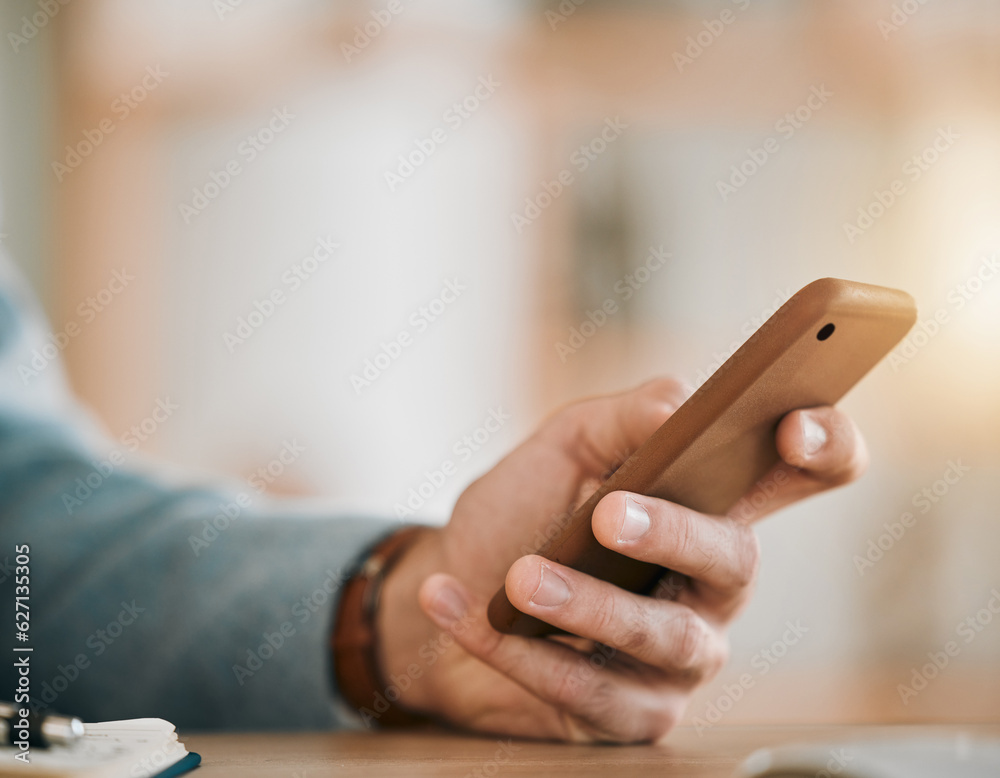 Fototapete Business man, hands and phone at desk with web networking and online communication. App search, mobile message and social media browse in a office and workplace with contact and typing at company
