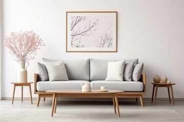Elegant home decor featuring a stylish Scandinavian living room with a beautifully designed grey sofa, a retro wooden table, a mock-up poster frame, decorative elements, a carpet, and personal