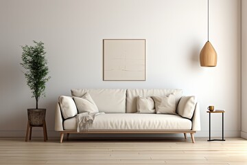 In a simple living room interior, there is a beige sofa placed against a white wall. The wall is empty with ample space for any desired items or decorations. Additionally, there is a lamp present in