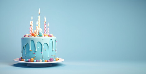 Yummy birthday cake with candles on light blue background. Party birthday concept.