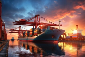 Business logistics and transportation concept of a container cargo ship and cargo with a working crane bridge in a shipyard and a sunset in the background. Generative AI