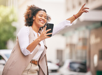 Happy woman, phone and taxi in city for travel, waiting or transportation in street or outdoor road. Female person waving hand for ride service, lift or destination in urban town with smartphone app