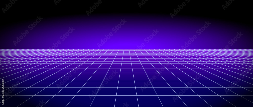 Poster retro futuristic grid background vanishing in distance. bright neon purple glowing tile floor fading