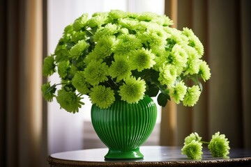Gorgeous vase filled with vibrant green chrysanthemums displayed elegantly on a table in a room.