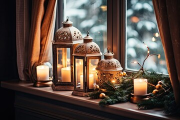 Fototapeta na wymiar Hygge, decoration, and the concept of Christmas can be illustrated by the image of candles softly glowing inside lanterns, and a beautiful garland adorning the window sill in a cozy home.