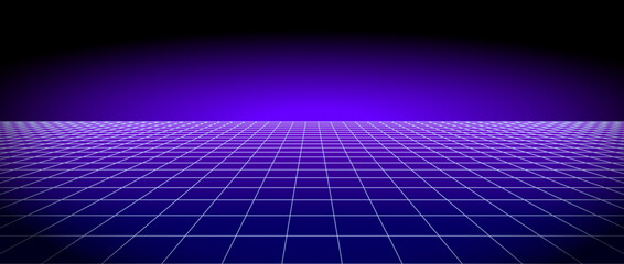 Retro futuristic grid background vanishing in distance. Bright neon purple glowing tile floor fading in perspective. Lattice plane landscape wallpaper. Abstract horizontal checkered surface. Vector  - obrazy, fototapety, plakaty