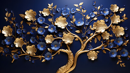 Elegant gold and royal blue floral tree with leaves and flowers hanging branches illustration background. 3D abstraction wallpaper for interior 
