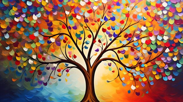 Elegant colorful tree with vibrant leaves hanging branches. Bright color 3d abstraction wallpaper for interior mural painting wall 
