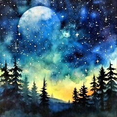 Naklejka premium night sky with forest and clouds landscape watercolor