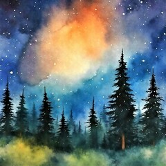 Naklejka premium night sky with forest and clouds landscape watercolor