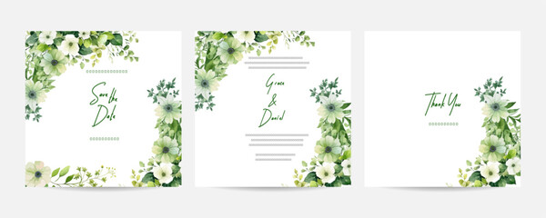 Beautiful wedding invitation card template with white jasmine leaves and flower. Floral watercolor background