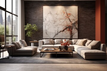 Interior design: A living room featuring a large wall devoid of any decorations or furnishings.