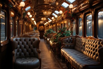 Leather seats inside a train car in the style of luxury, with a table and windows, light from lamps to illuminate. Generative AI