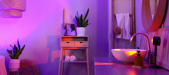 Interior of stylish bathroom with sink, houseplants and neon lighting