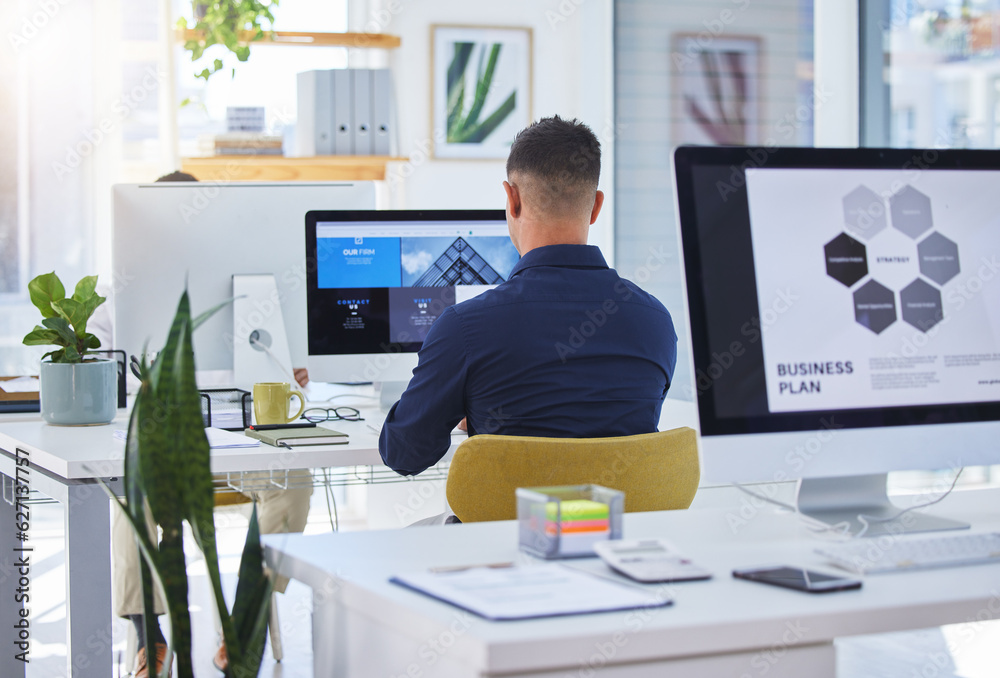 Poster About us, computer and employee working on SEO and proposal on a pc screen or desktop for business growth. Company, monitor and man corporate worker typing and planning a strategy for a startup