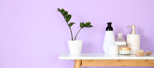 Houseplant and bath accessories on table near lilac wall in bathroom. Banner for design