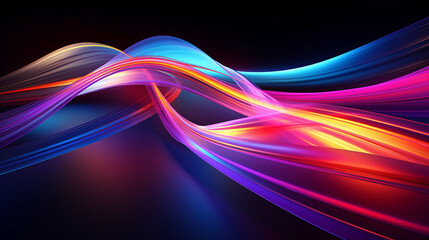 Ai artwork of Abstract neon background. Fluorescent lines glow in a dark. Virtual dynamic ribbon. Fantastic panoramic wallpaper. Energy background. Generative ai.