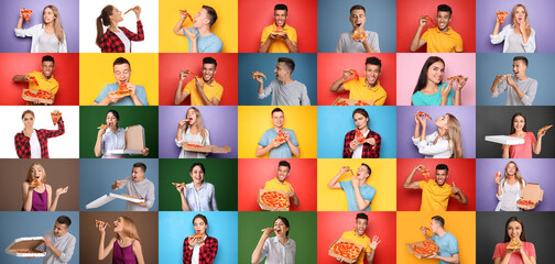 Collage with many people eating tasty pizza on color background