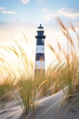 Tuinposter Black and white lighthouse on a sandy beach. © July P