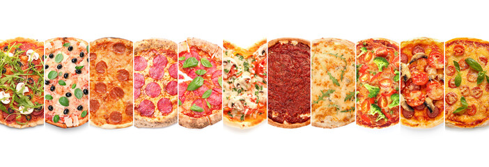 Collage with many different pizzas on white background, top view