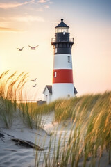 Black and white lighthouse and seagulls on a sandy beach.