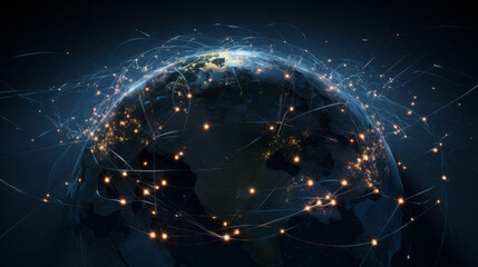 Ai artwork of earth in space with a graphic showing satellite communications network. Generative ai.