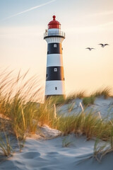 Black and white lighthouse and seagulls on a sandy beach. © July P