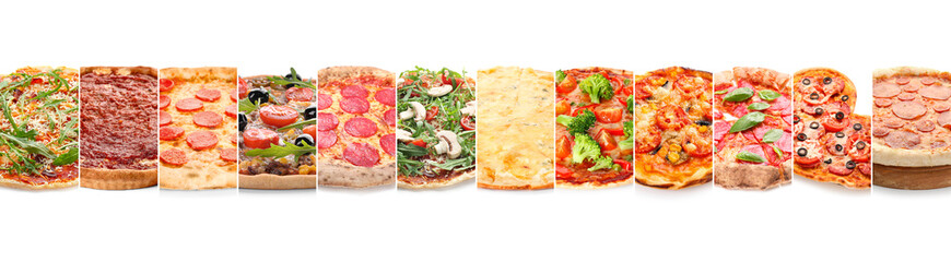 Collage with many different pizzas on white background