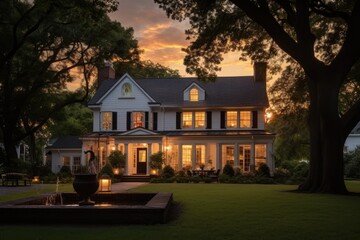 Gorgeous sunset illuminates a stunning house designed in a charming colonial architectural style. - obrazy, fototapety, plakaty