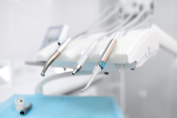 Professional dentist equipment and tools in the medical office. Dental clinic doctor appointment.