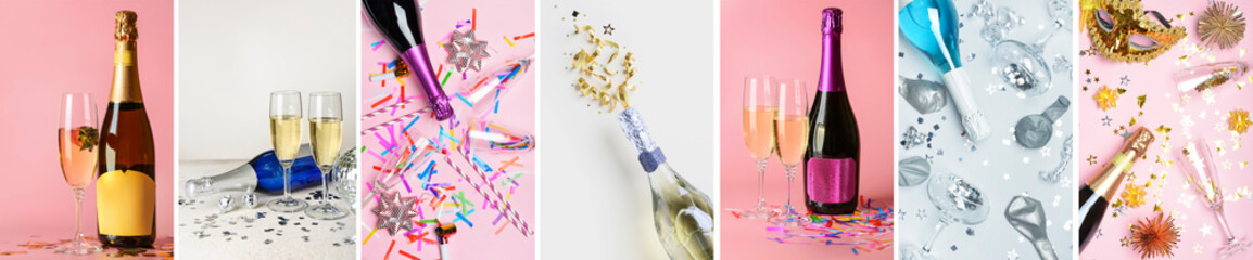 Collage of tasty champagne with glasses and confetti on color background