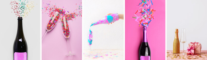 Collage of tasty champagne with glasses, gifts and confetti on color background