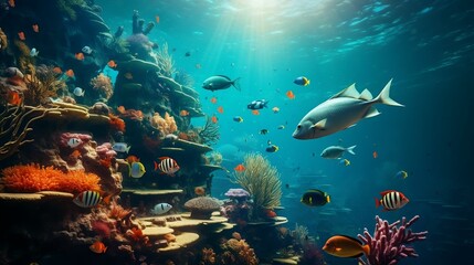 Vibrant tropical coral reef, adorned with colorful fish