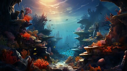 Picturesque coral reef scene teeming with marine life