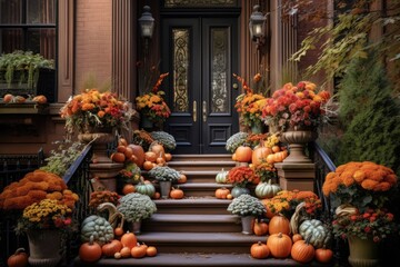 Fototapeta na wymiar During the autumn season in New York City, a charming brownstone residence is adorned with vibrant pumpkins and vibrant flowers, creating a visually appealing spectacle on its staircase.