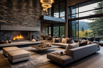 Gorgeous contemporary living room design featuring a stone wall and fireplace in a luxurious house.