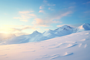 Fototapeta na wymiar Untouched snowy mountain landscape under the soft glow of a setting sun