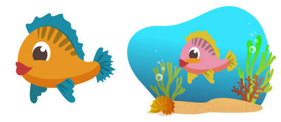 Fototapeta na wymiar Bright and Colorful Cartoon Fish. Children's Vector Illustration. Vibrant and lively vector illustration of a cute and friendly fish character