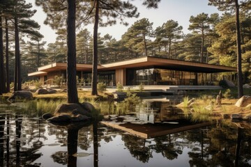 Fototapeta na wymiar In a pine forest, stands an administrative building featuring a man-made pond. The structure itself is a pavilion composed of wooden elements, with its exterior adorned with wooden accents.