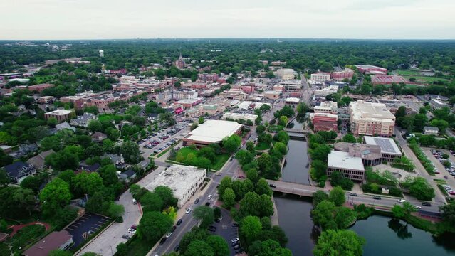 high drone aerial of Naperville Illinois USA downtown aerial. Beautiful view in the summer.  DuPage County