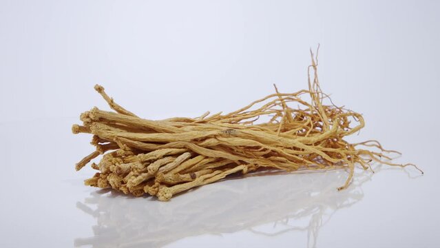 On a white background are roots of pilose asiabell, a traditional medicine widely used in oriental medicine, which helps Improve health and improve resistance, beneficial for the circulatory