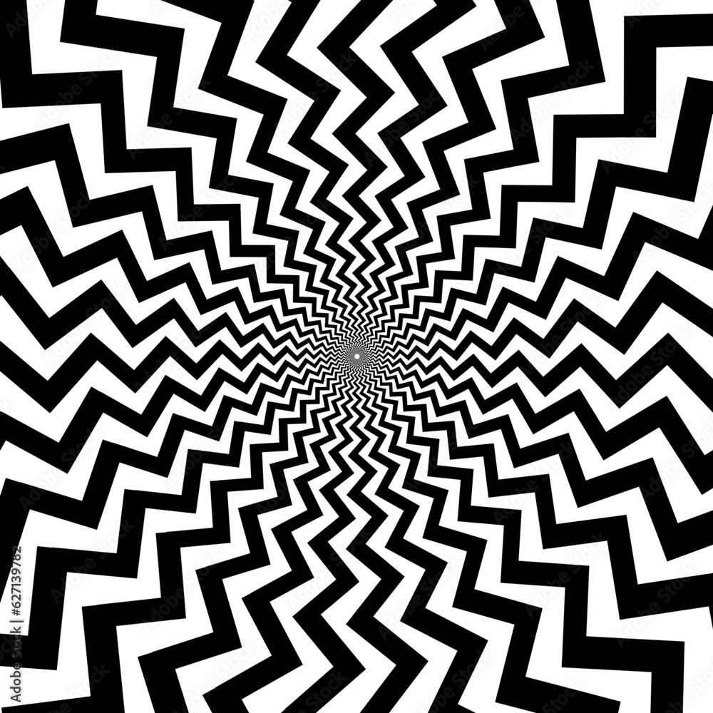 Aufkleber Optical illusion background. Black and white abstract distorted zigzag lines surface. Radial wave poster design. Hypnotic illusion wallpaper. Vector ornamental illustration