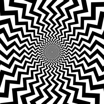 Optical illusion background. Black and white abstract distorted zigzag lines surface. Radial wave poster design. Hypnotic illusion wallpaper. Vector ornamental illustration