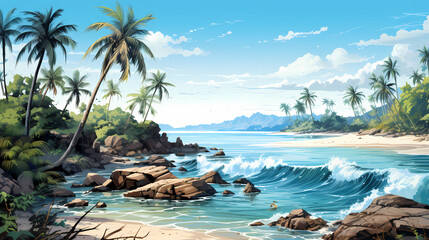 Sunny day on a tropical beach. Big rocks. Calm waves. Clear sky. Bright warm colors. The beauty of the sea. Seascape, work of art. Ai generative image