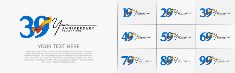 set of anniversary logo with blue number and orange ribbon can be use for celebration