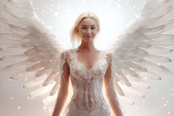 Caucasian girl angel is believed to possess supernatural powers, exuding an aura of serenity and...