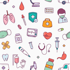 Healthcare and medical equipment doodle hand drawn seamless pattern