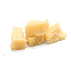 Pieces of tasty Parmesan cheese on white background