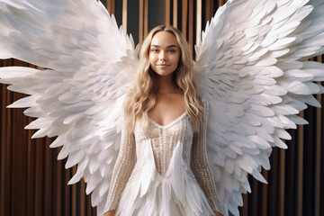 Caucasian girl angel is believed to possess supernatural powers, exuding an aura of serenity and wisdom, captured in this silver beige and white artwork by Generative AI.